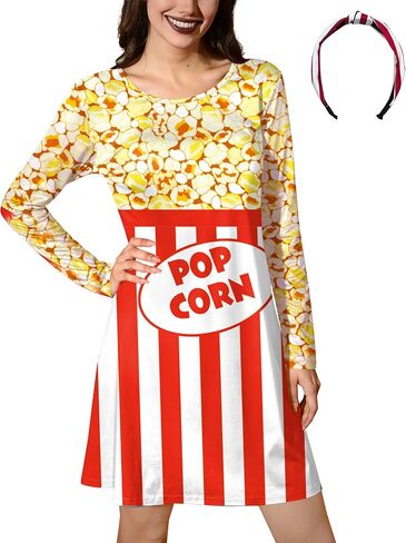ALIREVERIE Women's Halloween Funny Headband Food Fruit Print Costume Long Sleeve Mini Dress with Pockets in Saudi Arabia