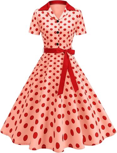 ODIZLI Women's 1950s Retro Dress Short Sleeve Polka Dot Ruffle Dress with Belt Cocktail Rockabilly Dresses in Kuwait