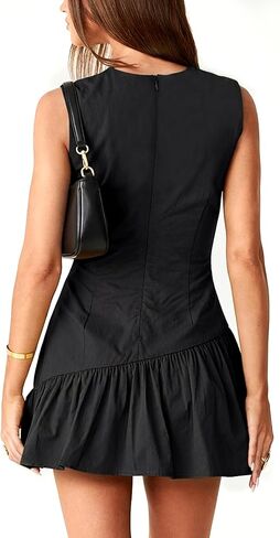 OZICERD Women Ruffle Babydoll Mini Dress Boat Neck Slit Sleeveless Going Out Dresses Short Vestidos A-line Little Black Dress in Kuwait