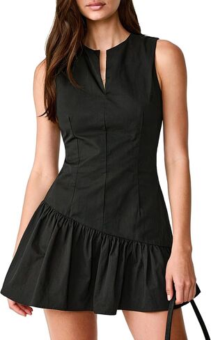 OZICERD Women Ruffle Babydoll Mini Dress Boat Neck Slit Sleeveless Going Out Dresses Short Vestidos A-line Little Black Dress in Kuwait