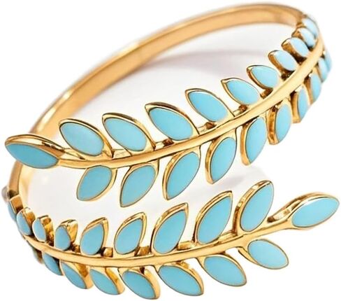 14K Gold Plated Adjustable Open Leaf Ring - Dainty Turquoise Enamel, Non Tarnish, Stackable Boho Western Fashion Jewelry Gift in Saudi Arabia