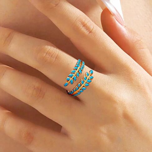 14K Gold Plated Adjustable Open Leaf Ring - Dainty Turquoise Enamel, Non Tarnish, Stackable Boho Western Fashion Jewelry Gift in Saudi Arabia