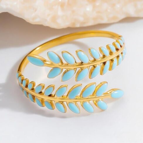 14K Gold Plated Adjustable Open Leaf Ring - Dainty Turquoise Enamel, Non Tarnish, Stackable Boho Western Fashion Jewelry Gift in Saudi Arabia