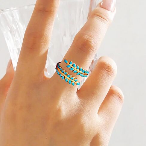 14K Gold Plated Adjustable Open Leaf Ring - Dainty Turquoise Enamel, Non Tarnish, Stackable Boho Western Fashion Jewelry Gift in Saudi Arabia