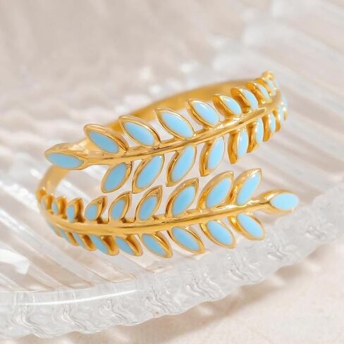 14K Gold Plated Adjustable Open Leaf Ring - Dainty Turquoise Enamel, Non Tarnish, Stackable Boho Western Fashion Jewelry Gift in Saudi Arabia