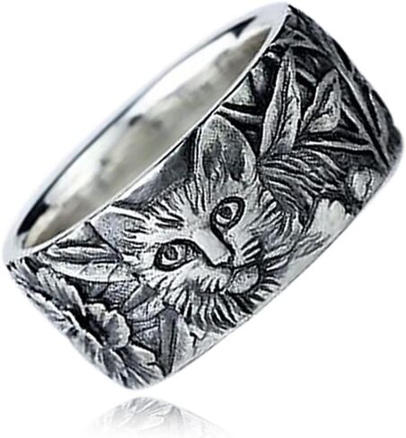 Retro Vintage S925 Sterling Silver Band Ring, Engraved Forest Flower Leaf Cat and Mouse Design, Realistic Relief, for Women and Men in Kuwait