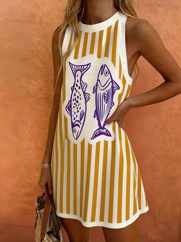 Boho Summer Dresses for Women Sleeveless Tank Dress Red Vintage Fish Print Casual Beach Vacation Sundress in Kuwait