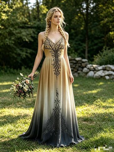 Women's Tree of Life Embroidered Dress, Ombre V Neck Spaghetti Strap Maxi Dres in Kuwait