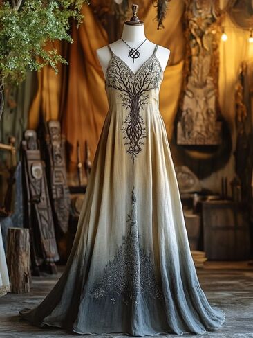 Women's Tree of Life Embroidered Dress, Ombre V Neck Spaghetti Strap Maxi Dres in Kuwait