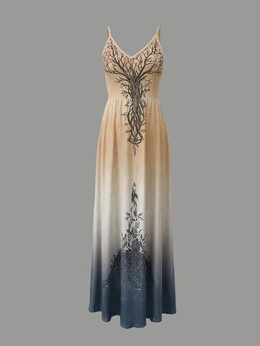 Women's Tree of Life Embroidered Dress, Ombre V Neck Spaghetti Strap Maxi Dres in Kuwait