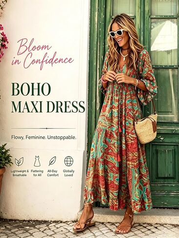 Women's Boho Floral Print Maxi Dress Bell Sleeve V Neck Tie Waist Ruffle Hem Flowy Long Dress for Beach Vacation,X-Large in Kuwait