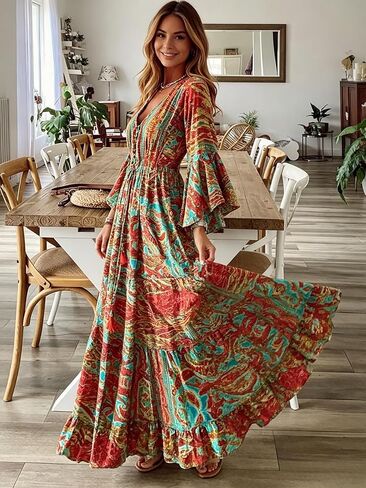 Women's Boho Floral Print Maxi Dress Bell Sleeve V Neck Tie Waist Ruffle Hem Flowy Long Dress for Beach Vacation,X-Large in Kuwait