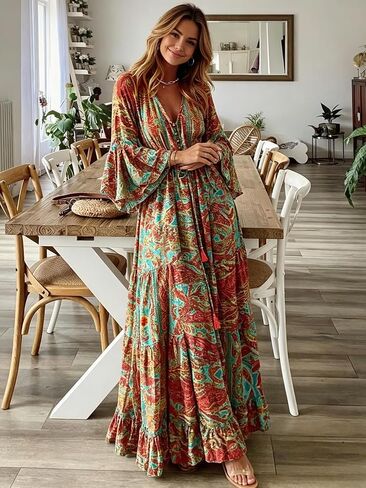 Women's Boho Floral Print Maxi Dress Bell Sleeve V Neck Tie Waist Ruffle Hem Flowy Long Dress for Beach Vacation,X-Large in Kuwait