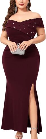 Plus Size Off The Shoulder Mermaid Maxi Dress Rhinestone Ruched Slit Formal Evening Gown Wedding Guest Cocktail in Saudi Arabia