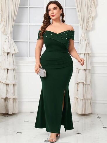 Plus Size Off The Shoulder Mermaid Maxi Dress Rhinestone Ruched Slit Formal Evening Gown Wedding Guest Cocktail in Kuwait