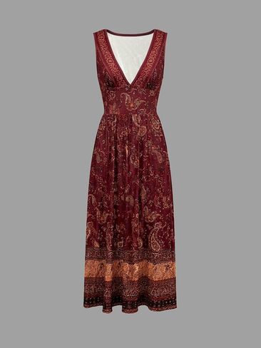 فستان نسائي من Western Boho Paisley مزين بطبعة هالتر ورقبة على شكل حرف V بدون أكمام، فستان طويل واسع in Kuwait