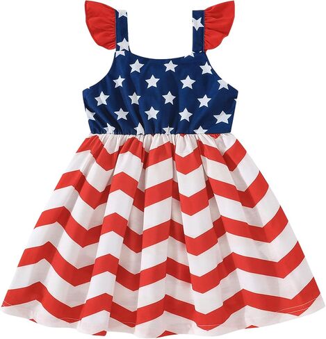 Toddler Girls 4th of July Dress A-Line Cute American Flag Dresses Casual Kids Patriotic Outfit 2-7 Years in Saudi Arabia