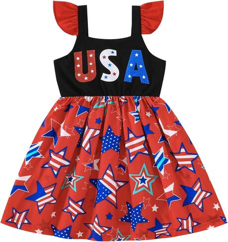 Toddler Girls 4th of July Dress A-Line Cute American Flag Dresses Casual Kids Patriotic Outfit 2-7 Years in Saudi Arabia