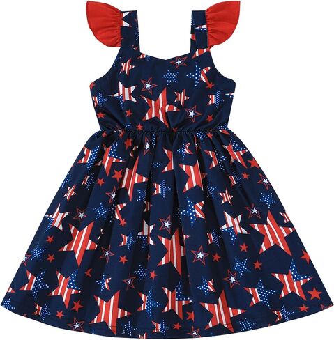 Toddler Girls 4th of July Dress A-Line Cute American Flag Dresses Casual Kids Patriotic Outfit 2-7 Years in Saudi Arabia