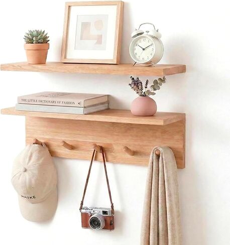 Floating Wall Shelves with Hooks, Rustic Wood Coat Rack & Storage Organizer for Entryway, Kitchen & Bedroom, Wall Mounted Display Shelf for Books, Plants & Photos in Saudi Arabia