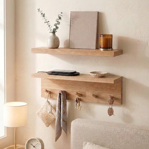 Floating Wall Shelves with Hooks, Rustic Wood Coat Rack & Storage Organizer for Entryway, Kitchen & Bedroom, Wall Mounted Display Shelf for Books, Plants & Photos in Saudi Arabia