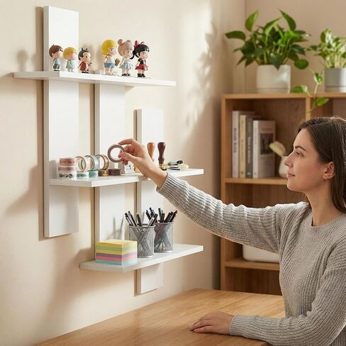White Floating Shelves for Wall Rectangular Wood-Plastic Wall Shelves Small Display Shelf for Bedroom and Bathroom Decor Storage Shelves for Toys and Figures in Saudi Arabia
