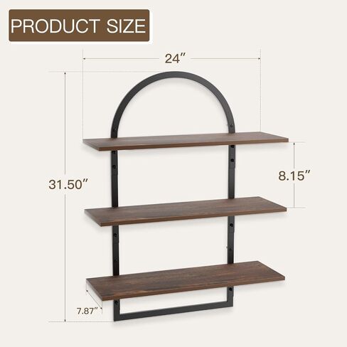 Floating Shelf for Wall - 3 Tier 24"x 31.5" Shelves for Room Wall for Bathroom, Bedroom, Toilet, Kitchen, Living Room, Office, Rustic Brown in Saudi Arabia