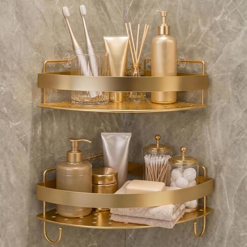 Corner Shower Shelves - 2 Tier No Drilling Shower Caddy Adhesive, Stainless Steel Shower Organizer with 4 Hooks, Wall Mounted Shower Rack for Inside Shower Corner Shelf, Gold Floating Shelves in Saudi Arabia