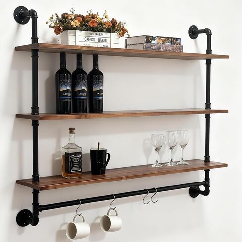 Industrial Pipe Shelving Pine Shelf,Pipe Shelves with Wood Planks,Wall Mounted Bookshelf,Floating Bar Shelves(2 Tier 48In) in Saudi Arabia
