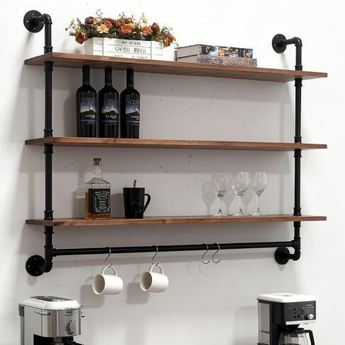 Industrial Pipe Shelving Pine Shelf,Pipe Shelves with Wood Planks,Wall Mounted Bookshelf,Floating Bar Shelves(2 Tier 48In) in Saudi Arabia