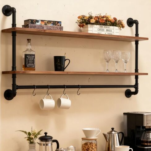 Industrial Pipe Shelving Pine Shelf,Pipe Shelves with Wood Planks,Wall Mounted Bookshelf,Floating Bar Shelves(2 Tier 48In) in Saudi Arabia
