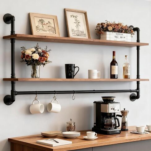 Industrial Pipe Shelving Pine Shelf,Pipe Shelves with Wood Planks,Wall Mounted Bookshelf,Floating Bar Shelves(2 Tier 48In) in Saudi Arabia