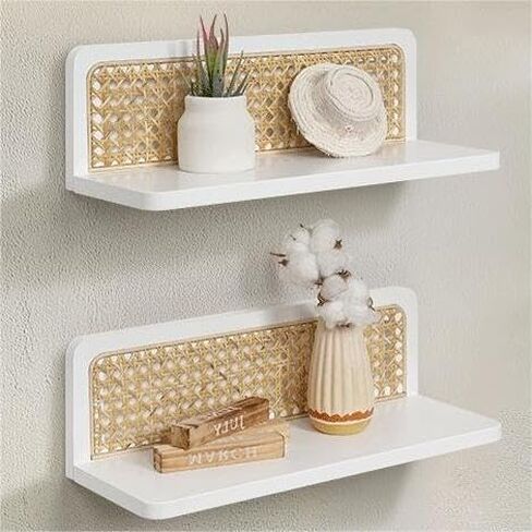 Rattan Wall Shelf Mid Century Modern Decor Floating Shelves Walnut Boho Wall Decor Decorative Shelving Home Decor Living Room Bedroom Coffee Bar Bathroom Plant Photo 16inch in Kuwait