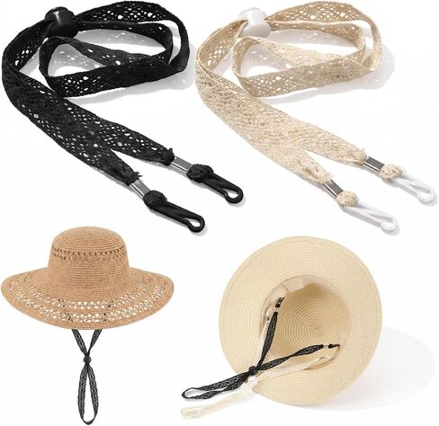 Mabor 2Pcs Hat Straps for Wind, Chin Straps for Hats, Adjustable Beige Black Chin Cord, Lace Sun Hat Cinch Strap with Clips for Women Outdoor Cowboy Straw Hats in Kuwait