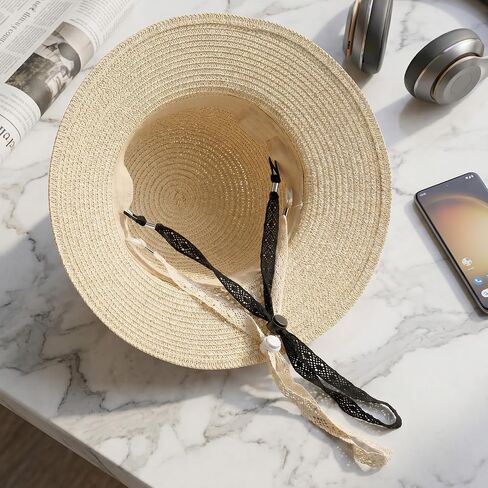 Mabor 2Pcs Hat Straps for Wind, Chin Straps for Hats, Adjustable Beige Black Chin Cord, Lace Sun Hat Cinch Strap with Clips for Women Outdoor Cowboy Straw Hats in Kuwait