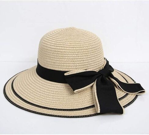 Straw Sun Hats for Women Wide Brim Elegant Black Bow Summer Floppy Hat Breathable Woven Headwear for Beach Vacation in Kuwait
