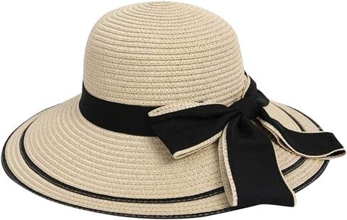 Straw Sun Hats for Women Wide Brim Elegant Black Bow Summer Floppy Hat Breathable Woven Headwear for Beach Vacation in Kuwait