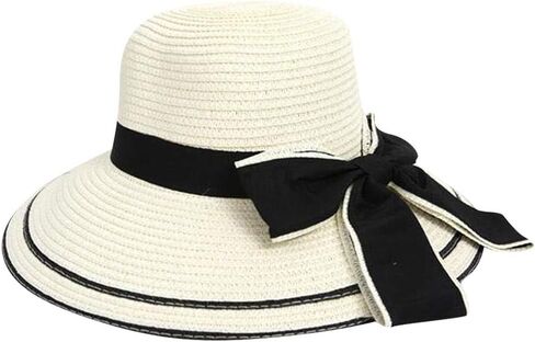 Straw Sun Hats for Women Wide Brim Elegant Black Bow Summer Floppy Hat Breathable Woven Headwear for Beach Vacation in Kuwait