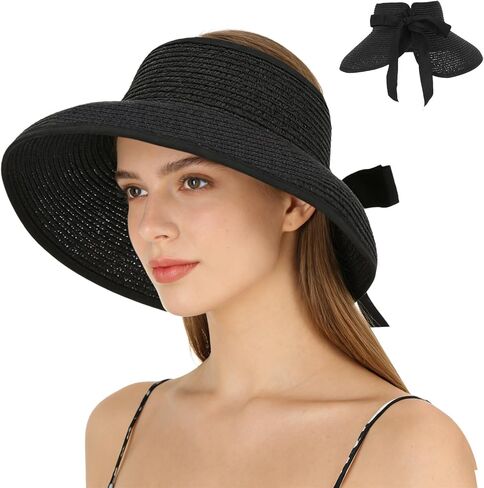 Oweisong Sun Visor Hat for Women Summer Straw Beach Hats Packable Wide Brim Hat with Ponytail Hole Beach Essentials in Saudi Arabia