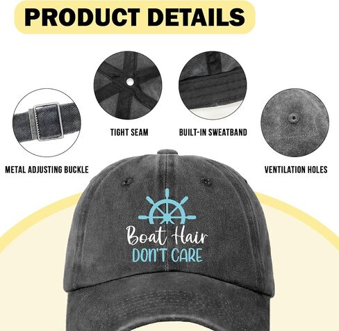 Funny Boating Hats Boat Hair Don't Care Printed Cotton Adjustable Baseball Caps Women's Distressed Washed Black Baseball Hats Trendy Birthday Gifts for Dad Grandpa Friend Neighbor Fisherman in Saudi Arabia