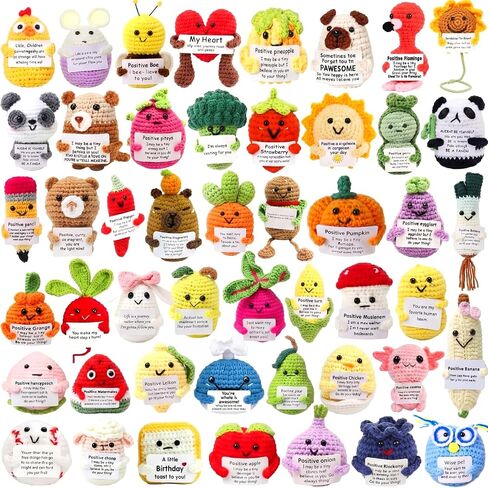 HunnmingRe 47 Pcs Crochet Animals with Motivational Cards, Cute Handmade Knitted Animals Gifts for Women Men Nurse Employee Appreciation Gift and Office Decor in Kuwait