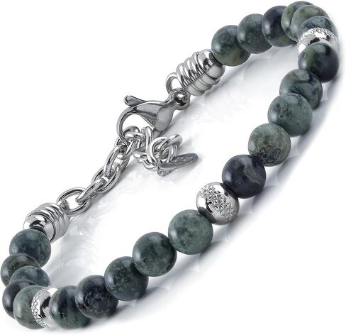 10:10 Beaded Bracelet for Men and Women – Natural Green Jasper Gemstones and Stainless Steel – Adjustable & Durable & Elegant – Made in Italy in Saudi Arabia
