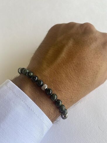 10:10 Beaded Bracelet for Men and Women – Natural Green Jasper Gemstones and Stainless Steel – Adjustable & Durable & Elegant – Made in Italy in Saudi Arabia