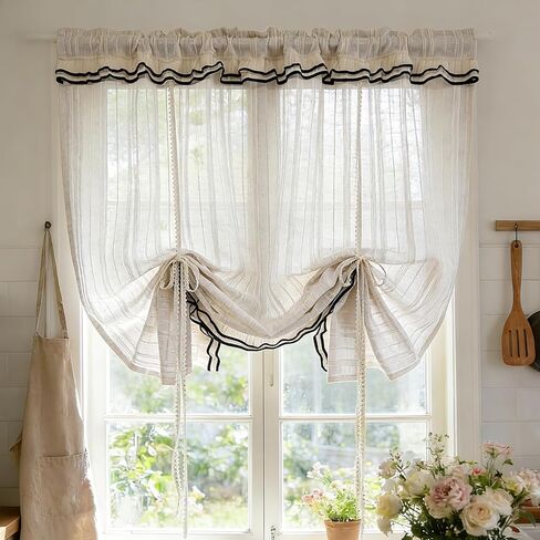 Striped Balloon Tie Up Lace Curtains Sheer Valance for Windows, Boho Kitchen Curtains Valance with Trim Vintage Light Filtering Window Treatment Rod Pocket Top 1 Panel (Beige,W55 L63 inch) in Saudi Arabia