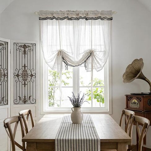Striped Balloon Tie Up Lace Curtains Sheer Valance for Windows, Boho Kitchen Curtains Valance with Trim Vintage Light Filtering Window Treatment Rod Pocket Top 1 Panel (Beige,W55 L63 inch) in Saudi Arabia