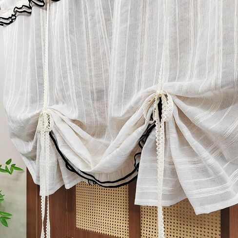 Striped Balloon Tie Up Lace Curtains Sheer Valance for Windows, Boho Kitchen Curtains Valance with Trim Vintage Light Filtering Window Treatment Rod Pocket Top 1 Panel (Beige,W55 L63 inch) in Saudi Arabia