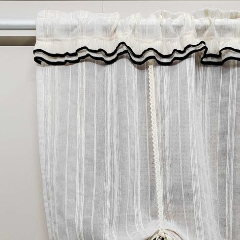 Striped Balloon Tie Up Lace Curtains Sheer Valance for Windows, Boho Kitchen Curtains Valance with Trim Vintage Light Filtering Window Treatment Rod Pocket Top 1 Panel (Beige,W55 L63 inch) in Saudi Arabia