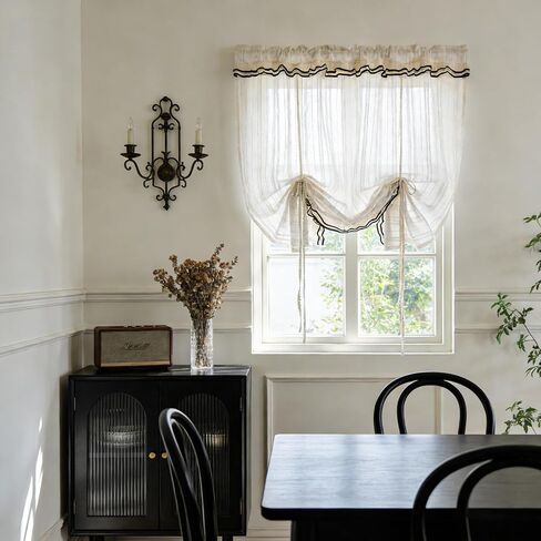 Striped Balloon Tie Up Lace Curtains Sheer Valance for Windows, Boho Kitchen Curtains Valance with Trim Vintage Light Filtering Window Treatment Rod Pocket Top 1 Panel (Beige,W55 L63 inch) in Saudi Arabia
