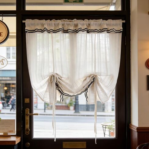 Striped Balloon Tie Up Lace Curtains Sheer Valance for Windows, Boho Kitchen Curtains Valance with Trim Vintage Light Filtering Window Treatment Rod Pocket Top 1 Panel (Beige,W55 L63 inch) in Saudi Arabia