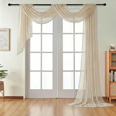 NAPEARL Lace Curtain Scarf Bed Canopy Curtains Bohemian Window Scarf Valance Boho Decor Elegant Sheer Fabric Ideal for Bedroom, Living Room& Dining Room (Beige,57" W X 216" L (Pack of 1)) in Saudi Arabia